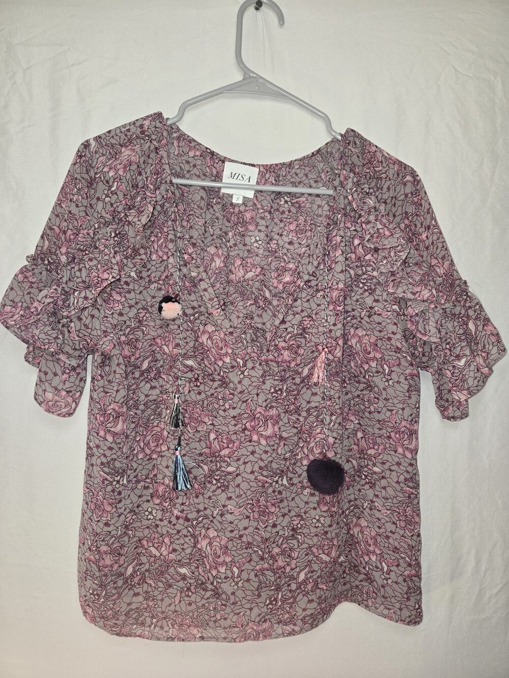 Misa US Womens Size S Floral Multicolor Pullover Blouse Top w Pom Poms Tassels